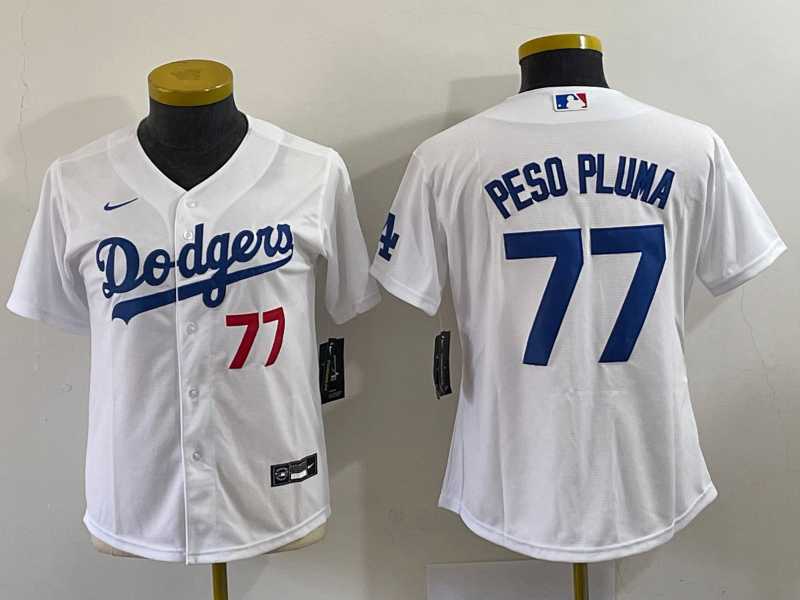 Women%27s Los Angeles Dodgers #77 Peso Pluma Number White Stitched Cool Base Nike Jersey